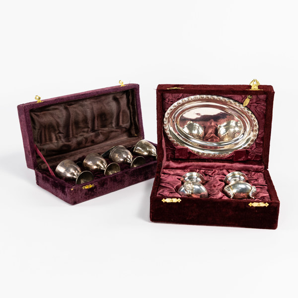 Nysilver, 11 delar, äggservis, sannolikt England, i etui