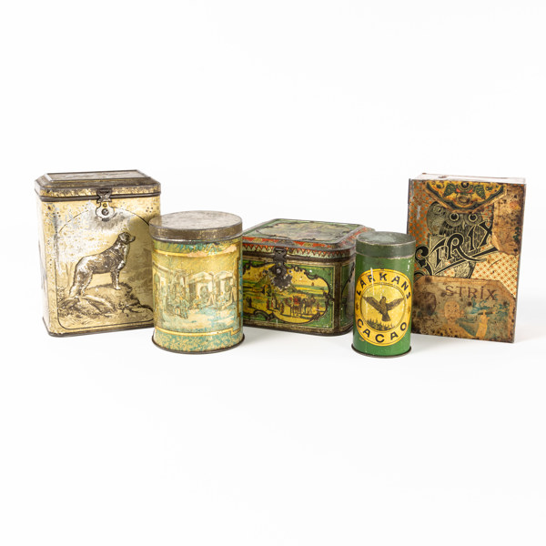 Äldre plåtburkar, 5 st, bl a Strix, Lärkans, m.m.