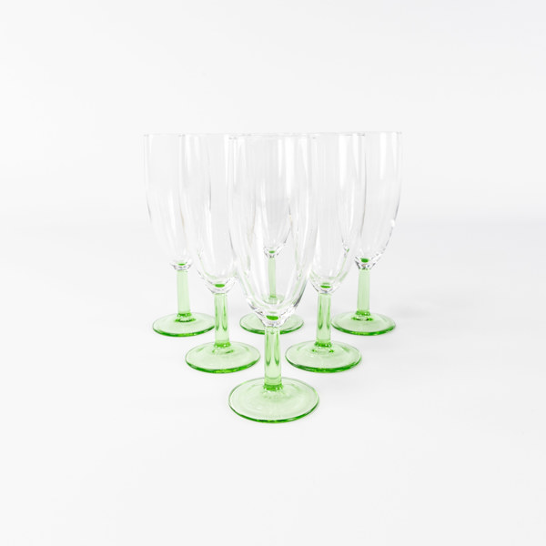 Champagneglas, 6 st, med grön fot, höjd 17 cm