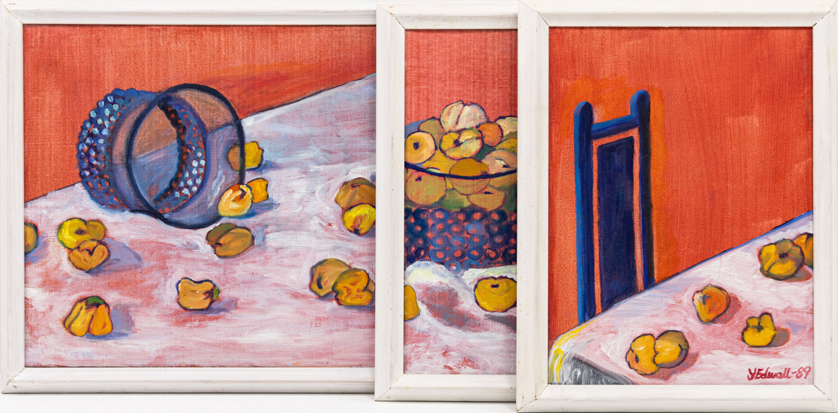 Oidentifierad konstnär, triptyk, olja på duk, signerade, största mått 60x38 cm