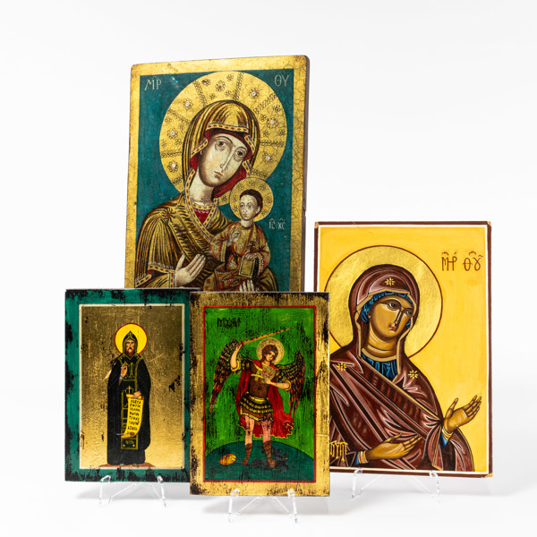 Ikoner, 4 st, bl a Ryssland, största 24 x 35 cm