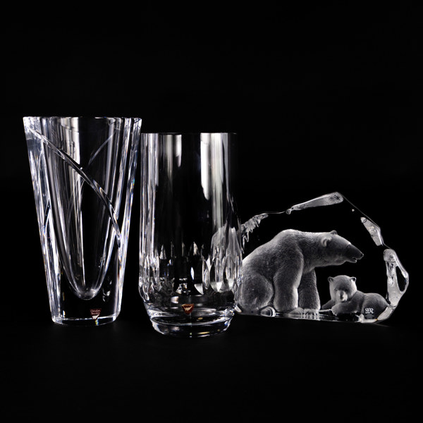 Vaser, glasblock, 3 st, Orrefors, Målerås, högsta 22 cm