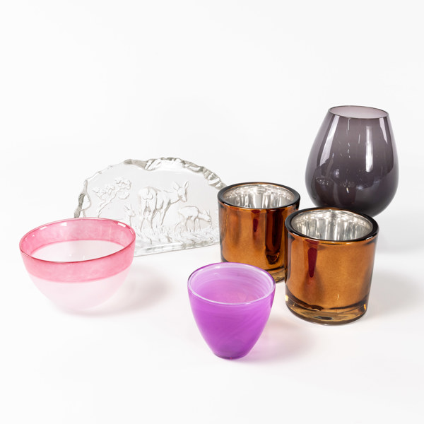 Glas, 6 delar, bl a skålar, ljuslyktor, högsta 23 cm