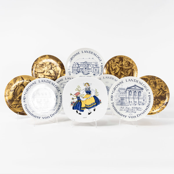 Samlartallrikar, 10 st, bl a Frimurarna, Ø 23 cm och mindre