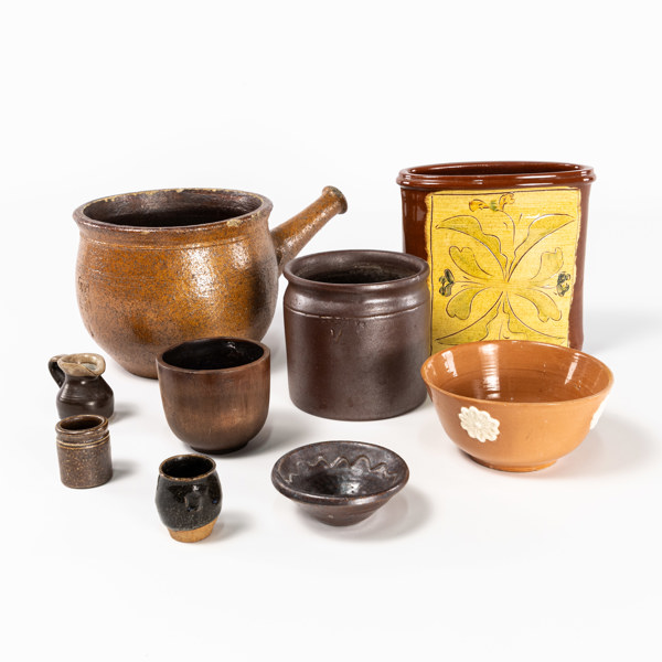 Sten- och lergodsföremål, 9 st, bl a Johan Fredrik Franklin, högsta 16 cm