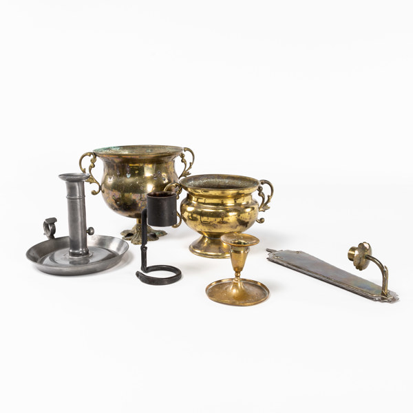 Ljusstakar, ytterfoder, 6 st, bl a mässing, tenn, högsta 17 cm